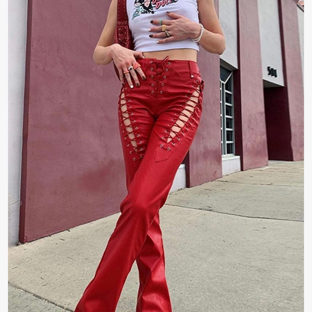 Red faux leather pants
